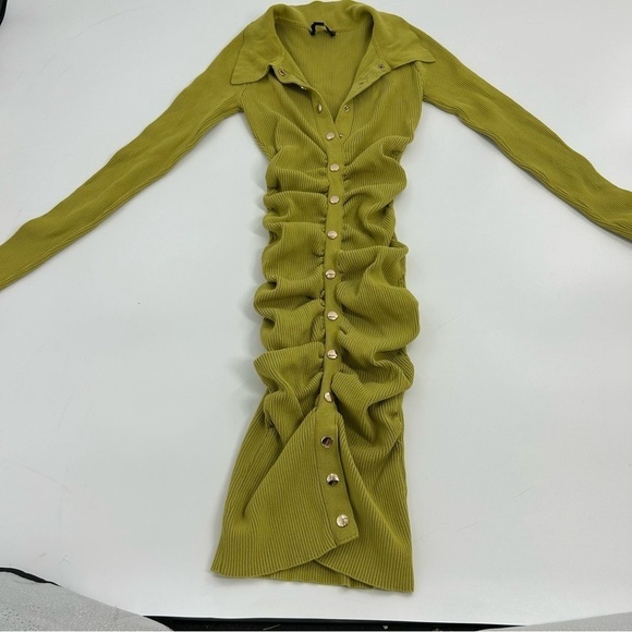 Hera collection Chartreuse Green Rib Ruched Knit Snap Front Shirt Dress Small - Picture 3 of 5